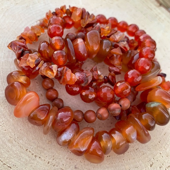 Natural Dark Orange Carnelian & Fire Agate Gemstone Mixed Bead Bracelet Stack - Picture 2 of 14